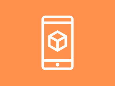 Orange background with white phone icon featuring a 3d box on screen