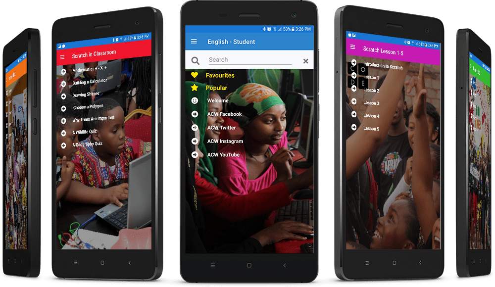 Africa Code week app screens presented on 5 android phones