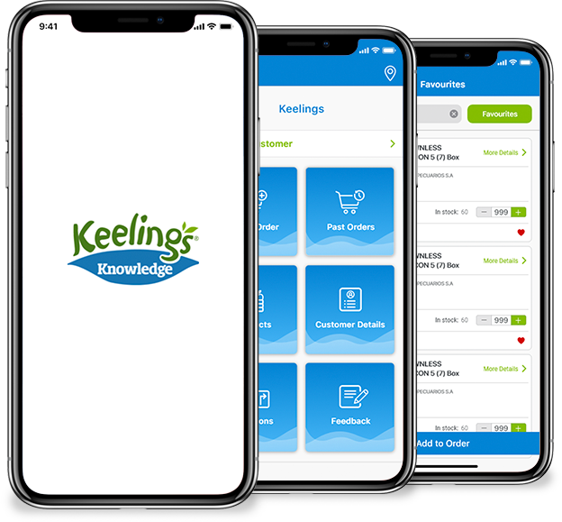 Keelings Knowledge App presented on 3 iphones